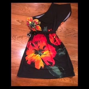 One shoulder Red and Black Hibiscus dress  w/ belt